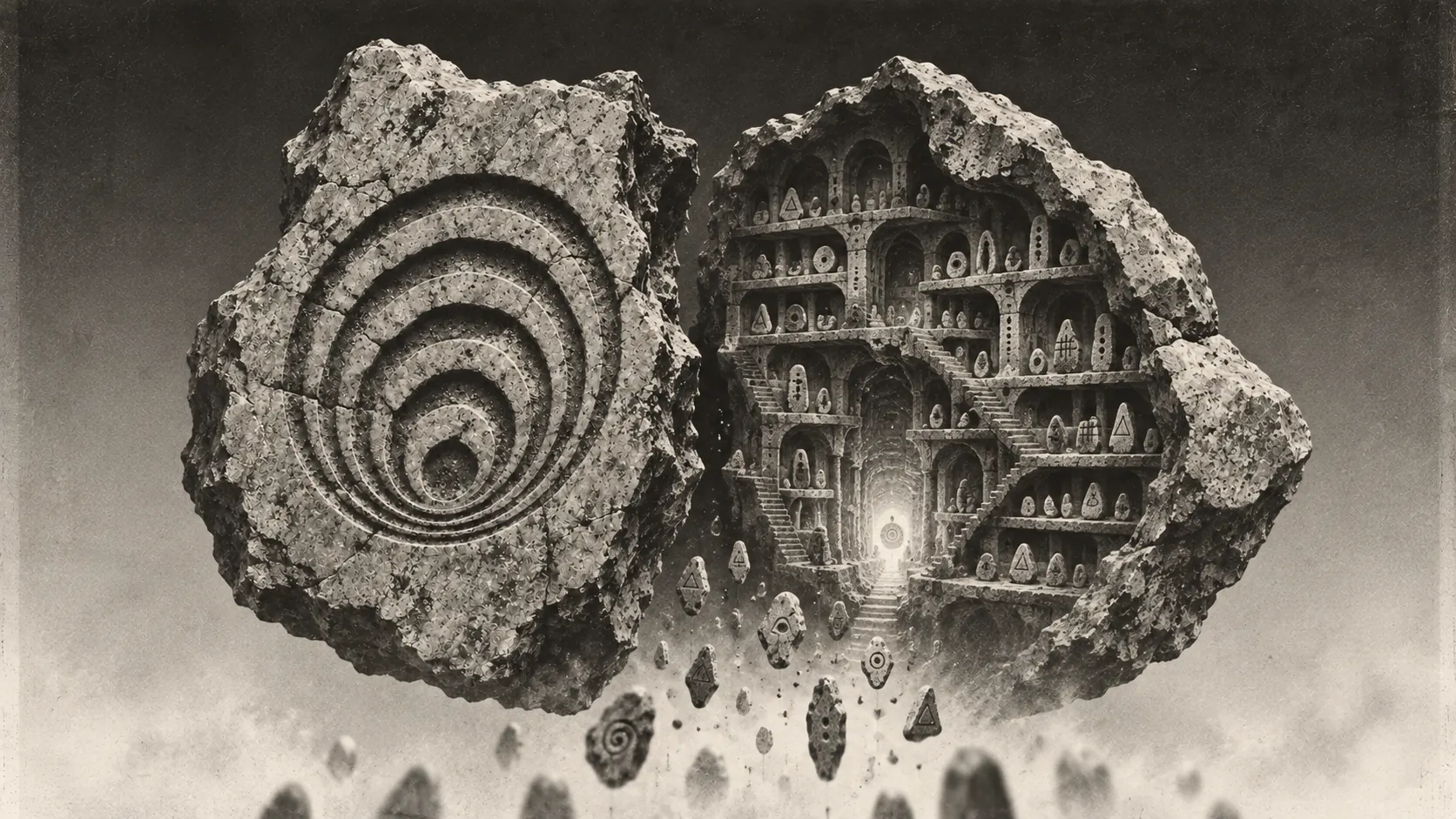cross-section of the treasury: a carved stone split open, with shelves of relics inside