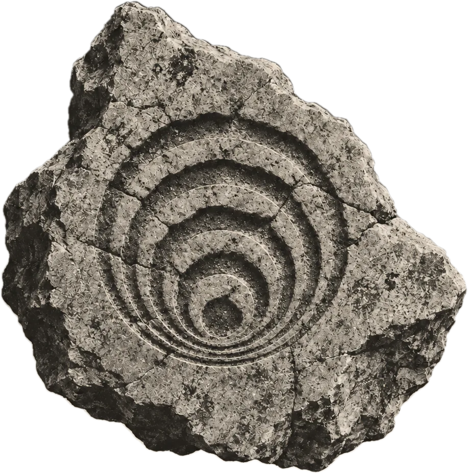 the flint stone: a granite stone carved with concentric rings that sink toward a dot